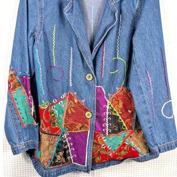 Alex Kim PM Women’s Denim Jacket Patchwork Embroidered Boho Western Jean Blazer - Picture 2 of 5